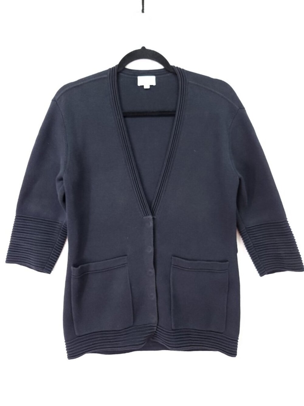 Tse Snap Button Up Cotton V-Neck 3/4 Sleeve Cardigan Black Size Small